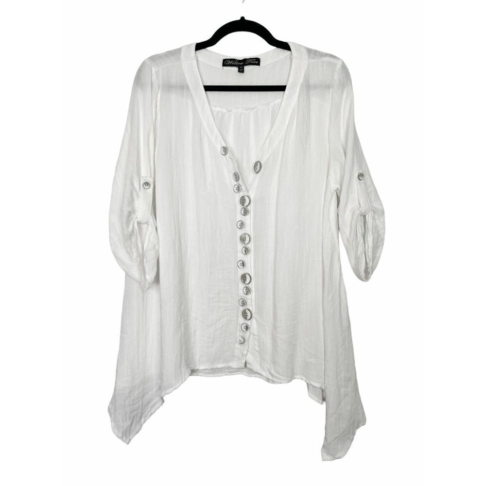 Willow Tree Linen Button Front Top White Shark Bite Hem Lagenlook Boho Size 12